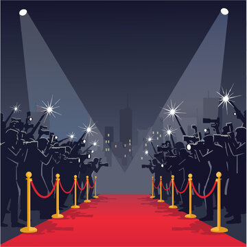 Silhouette of a crowd of photographers and paparazzi with camera flashes at a red carpet event at night with city skyline background.