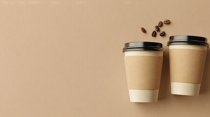 Coffee Cups and Beans: Two warm coffee cups, accompanied by a scattering of roasted coffee beans, rest on a smooth, inviting surface, creating a visual symphony of warmth and energy.