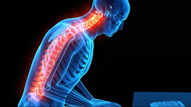 3d anatomical rendering of a human figure in poor ergonomic posture at a computer, with red highlight on spine and neck pain, suitable for medical education, health awareness campaigns.