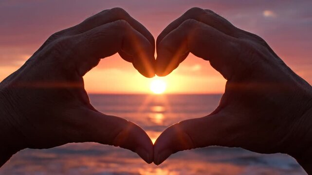 Hands forming heart shape silhouetted against sunset sky