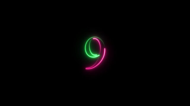 Abstract glowing neon text 9 number countdown icon animation on a black background,with 4k video animation.
