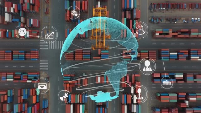 An aerial view shows a busy cargo port with stacked containers. A holographic globe and icons represent global logistics and data