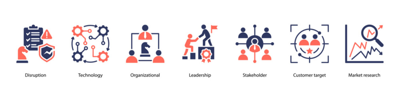 Market Leadership web banner vector illustration featuring Disruption, Technology, Organizational, Leadership, Stakeholder, Customer target, and Market research.