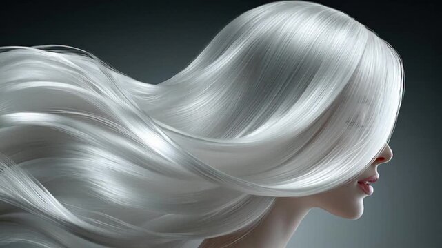 Close-up profile portrait of a woman with flowing white hair against a dark background with cinematic lighting.