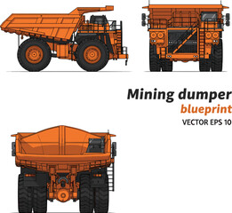 Technical vector illustration set of an orange mining dumper truck featuring detailed side front and rear view profiles for industrial heavy machinery and engineering © Moyuri