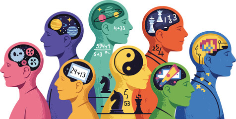 Human intelligence diversity illustration showing multiple minds science mathematics logic creativity psychology education colorful concept brain cognition problem-solving abstract vector © MstMonowara