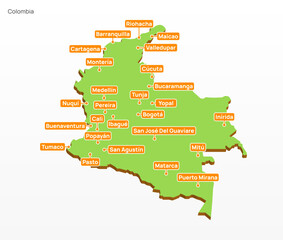 3d vector illustration graphic green color geographical map of Colombia with largest cities shown
