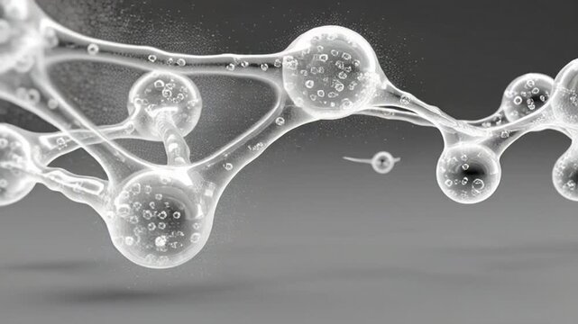 Close-up view of a molecular structure model with transparent spheres and connecting rods on a gradient gray background.