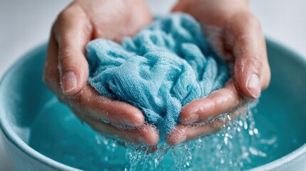 Fototapeta premium Hands holding a blue cloth submerged in water