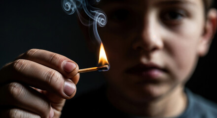 Fototapeta premium Boy lighting match in dark room symbolizing curiosity and inner fire