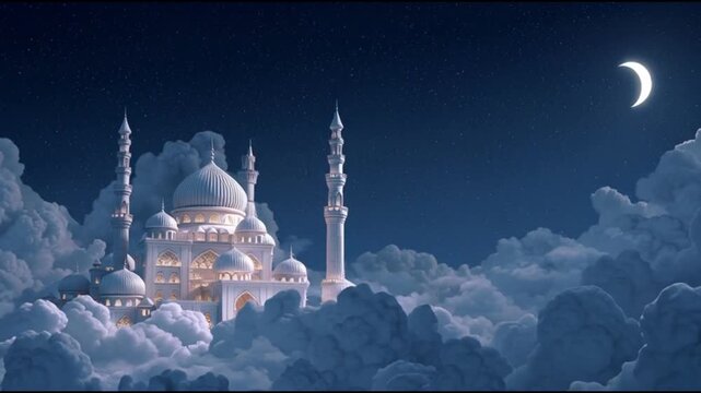 animated illustration of a mosque under a moonlit night sky, featuring smooth cinematic camera movement and a calm atmospheric mood.