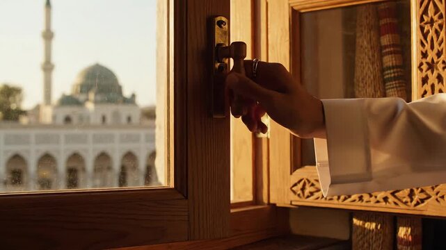 Man in traditional clothing opens window overlooking mosque and minaret at sunset