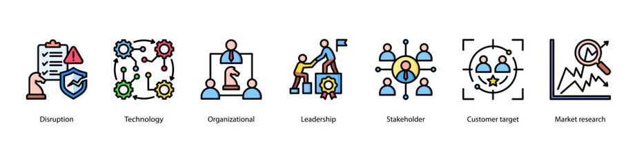 Obraz premium Market Leadership web banner vector illustration featuring Disruption, Technology, Organizational, Leadership, Stakeholder, Customer target, and Market research.