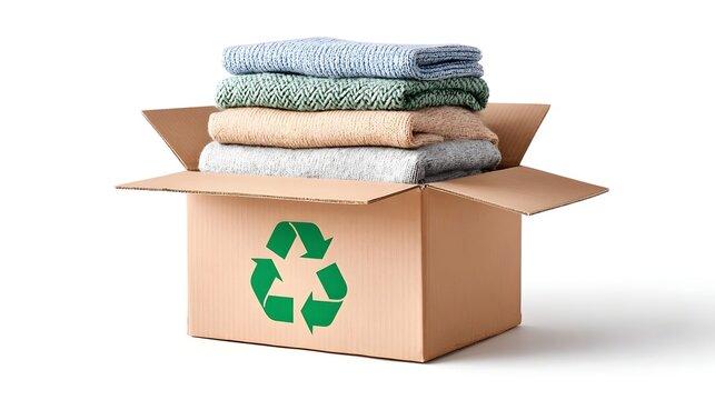 Cardboard box marked with a green recycling symbol containing a stack of folded textiles like sweaters or blankets implying donation reuse or recycling