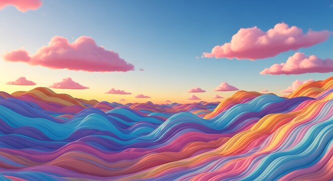 Vibrant landscape with colorful hills and fluffy clouds under a serene blue sky at sunset