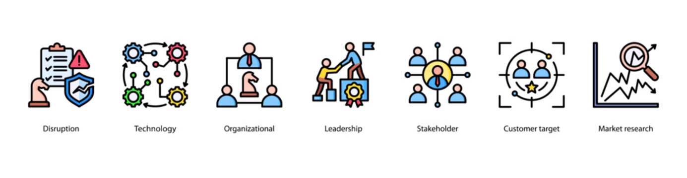 Market Leadership web banner vector illustration featuring Disruption, Technology, Organizational, Leadership, Stakeholder, Customer target, and Market research.