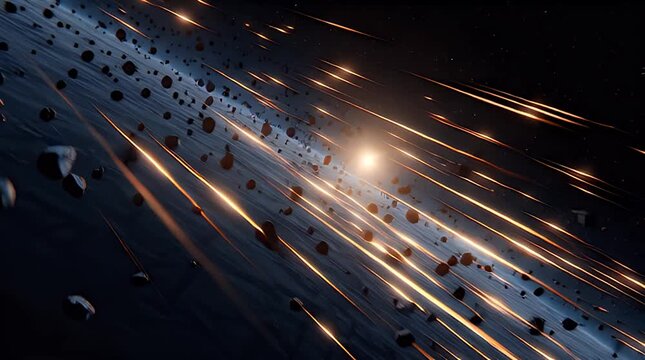 Abstract view of an asteroid field with burning streaks, illuminated on a deep blue, textured space backdrop
