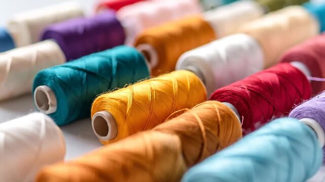 Colorful spools of thread arranged in rows, perfect for sewing and crafting projects on a white background.