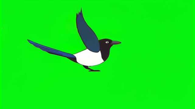 Magpie jumping and taking off, cartoon style, flat vector, chroma key, green screen, footage, loop