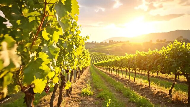 Scenic view of a vineyard with rows of grapevines bathed in warm sunlight during the golden hour.