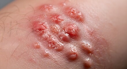 Fototapeta premium Dermatology Skin Condition: Close up of viral shingles rash with blisters on human skin, herpes zoster infection, medical pathology, dermatology treatment, painful skin disease and healthcare concept