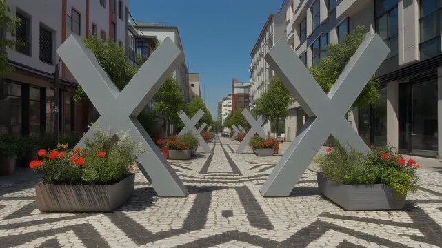 An urban setting featuring repeating gray geometric structures, flower planters, and stone walkway. Buildings line the sides on a bright, sunny day