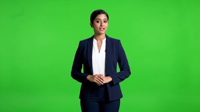 Professional woman standing confidently in front of a green screen template for interactive green screen applications
