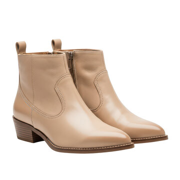 Pair of beige leather ankle boots with zipper closure isolated on transparent background 