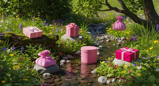 A serene garden scene with gifts and pink objects scattered along a winding stream