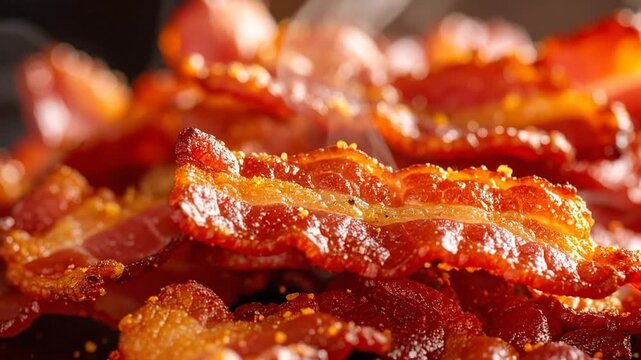 Close-up shot of crispy, cooked bacon strips, perfect for breakfast or a savory snack.