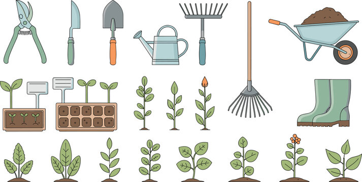 Large collection of gardening tools with wheelbarrow watering can rubber boots pruners rake and seedling trays in flat line art style isolated
