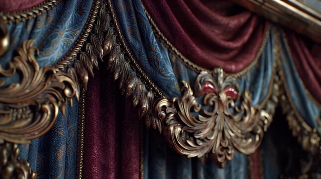 Close-up of ornate drapery, featuring a blend of dark red and patterned blue fabric, adorned with golden embellishments and intricate details