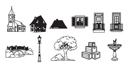 Naklejka premium Vector illustration of city icons, buildings, and landmarks, including church, houses, street lamp, tree, books, and fountain, for mockup or website, Isolated on transparent background, 