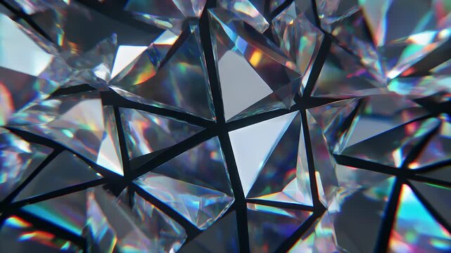 Close-up of a complex geometric arrangement of crystalline forms, reflecting vibrant light. The shapes create an abstract, faceted pattern