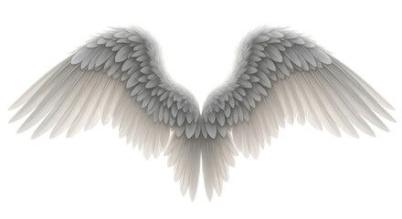 Gray angel wings spread wide against white background symbolizing freedom and protection