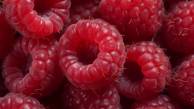 Close-up macro photograph highlighting a cluster of bright red, textured raspberries. The image captures the detail, showing each individual drupelet