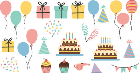 Collection of hand drawn birthday party elements with colorful balloons cakes gift boxes party hats and confetti isolated © Saidi