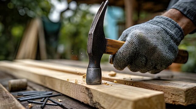 A gloved hand hammers a nail into wood, with small wood shavings around. A collection of nails and other wood pieces visible. The background is blurred