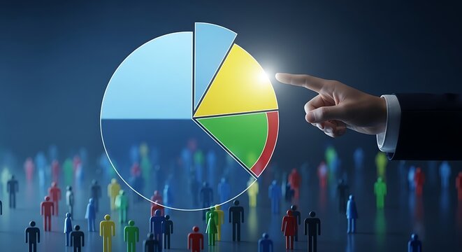 Businessman analyzing a colorful pie chart with finger pointing standing people in background symbolizing data analysis