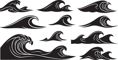 Fototapeta premium Collection of various wave silhouettes in black and white