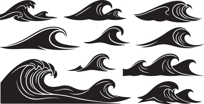 Collection of various wave silhouettes in black and white