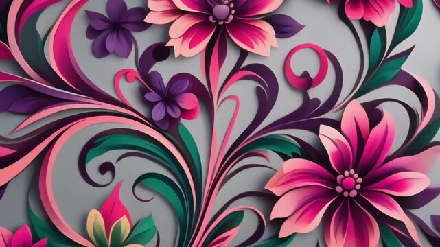 Elegant floral background with 3d paper cut flowers in shades of pink and purple color palette