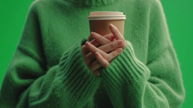 Person in green sweater holding a coffee cup against a green background