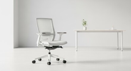 A modern office chair in a minimalist office setting with a white table and a potted plant in the background.