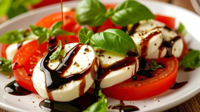 Fresh and vibrant Caprese salad with tomatoes, mozzarella, and basil, drizzled with balsamic glaze.