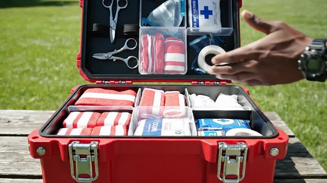 Man Opens Red First Aid Kit Outdoors, Revealing Medical Supplies