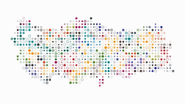 Turkey animation. Shape of the country with pulsating colored dots. Small size circle blocks. Digital style map on white background. Creative video.