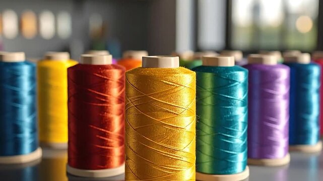 Vibrant spools of thread in various colors arranged on a reflective surface, ready for sewing projects.