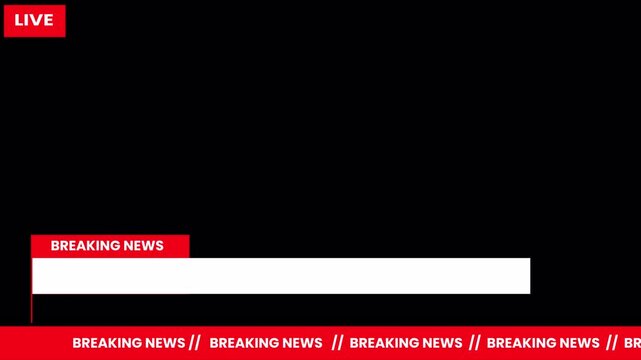 Breaking news lower third banner. Live news title bar with headline strip and scrolling ticker on dark background