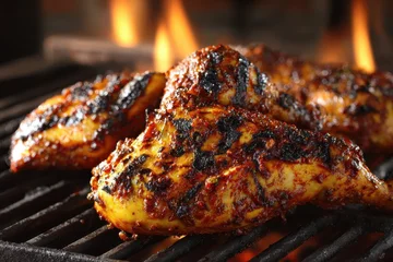 Fototapete Pantone 2022 Very Peri Grilled peri peri chicken with smoky flavors and charred texture on a barbecue grill  © Ifti Digital